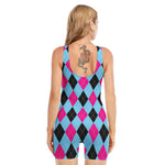 Blue Pink And Black Argyle Pattern Print Sleeveless One Piece Swimsuit