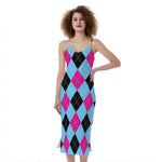 Blue Pink And Black Argyle Pattern Print Slim Fit Midi Cami Dress