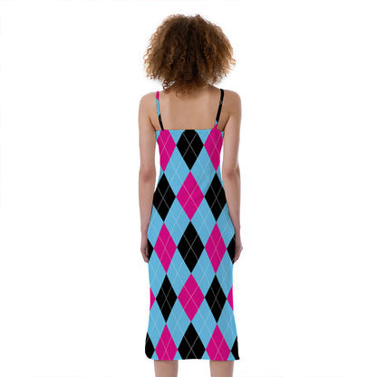 Blue Pink And Black Argyle Pattern Print Slim Fit Midi Cami Dress