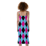Blue Pink And Black Argyle Pattern Print Slim Fit Midi Cami Dress
