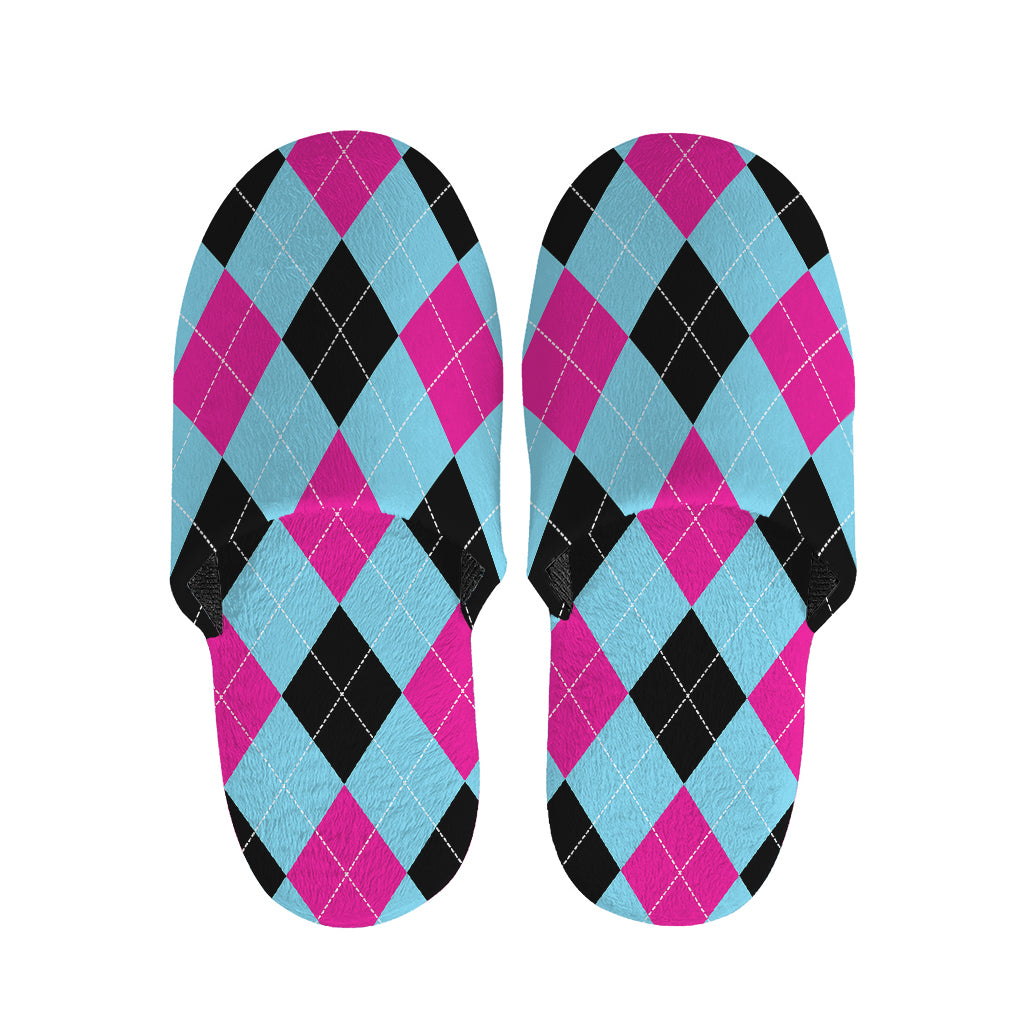 Blue Pink And Black Argyle Pattern Print Slippers