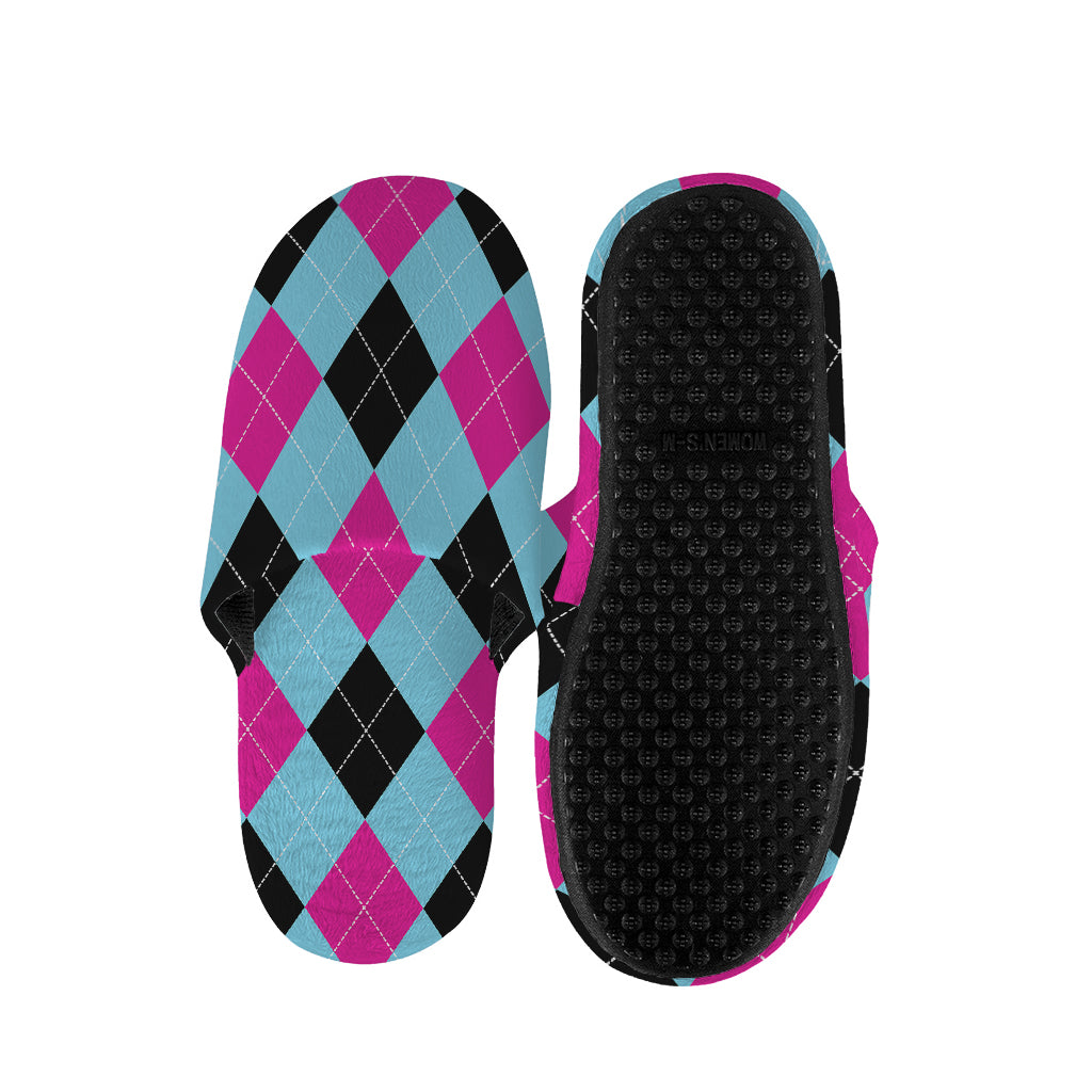 Blue Pink And Black Argyle Pattern Print Slippers