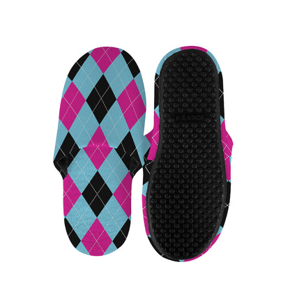 Blue Pink And Black Argyle Pattern Print Slippers
