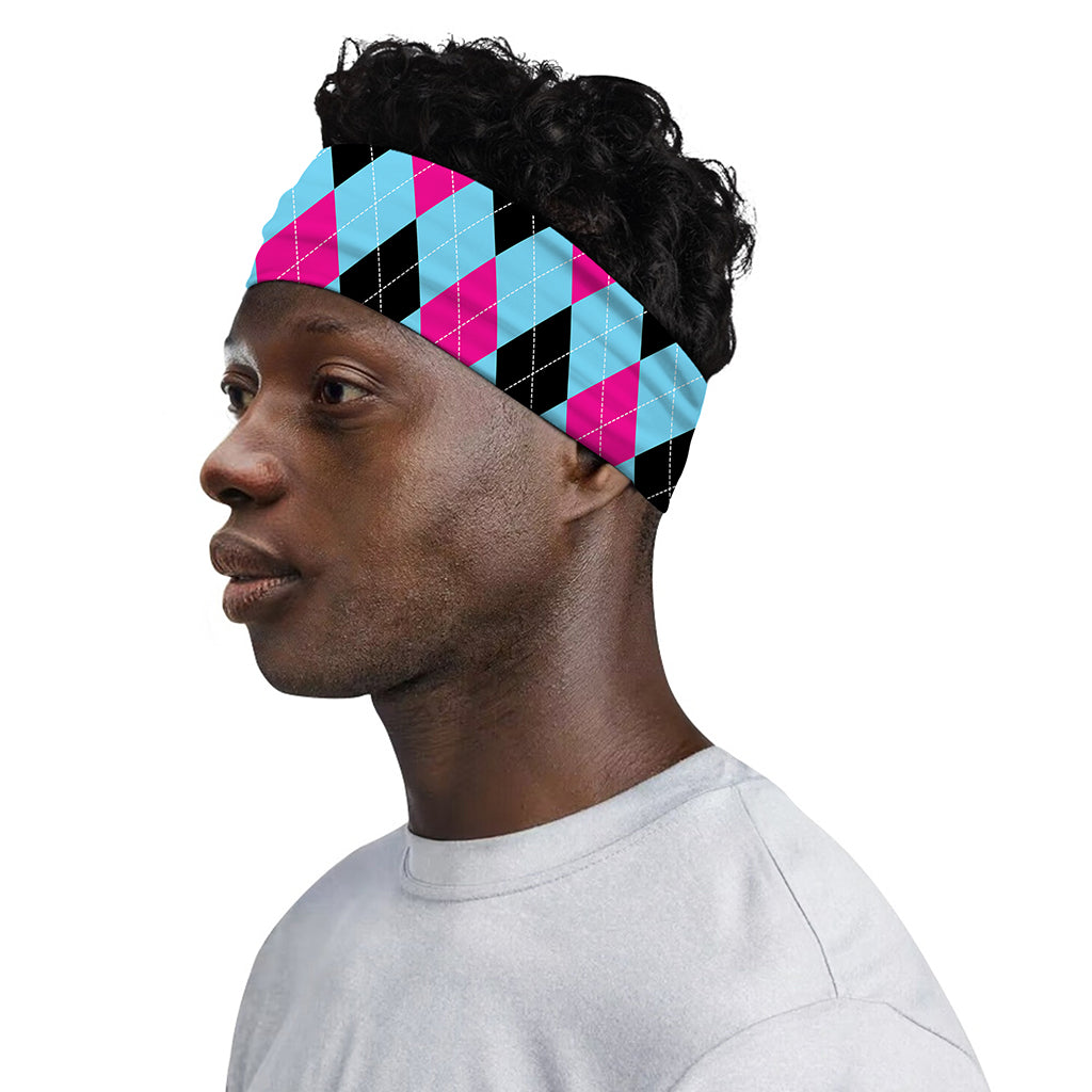 Blue Pink And Black Argyle Pattern Print Sports Headband