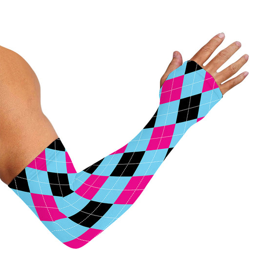 Blue Pink And Black Argyle Pattern Print Sun Protection Arm Sleeves