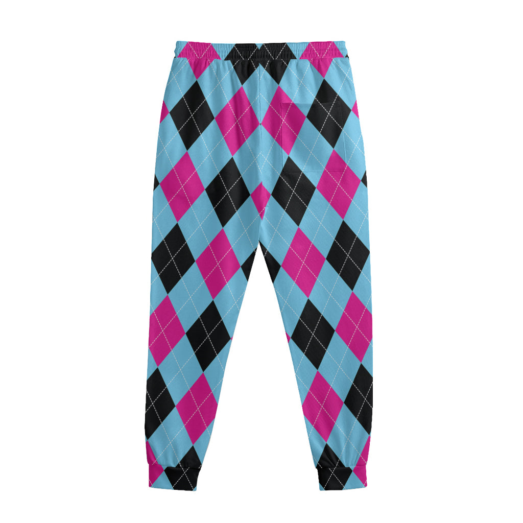 Blue Pink And Black Argyle Pattern Print Sweatpants