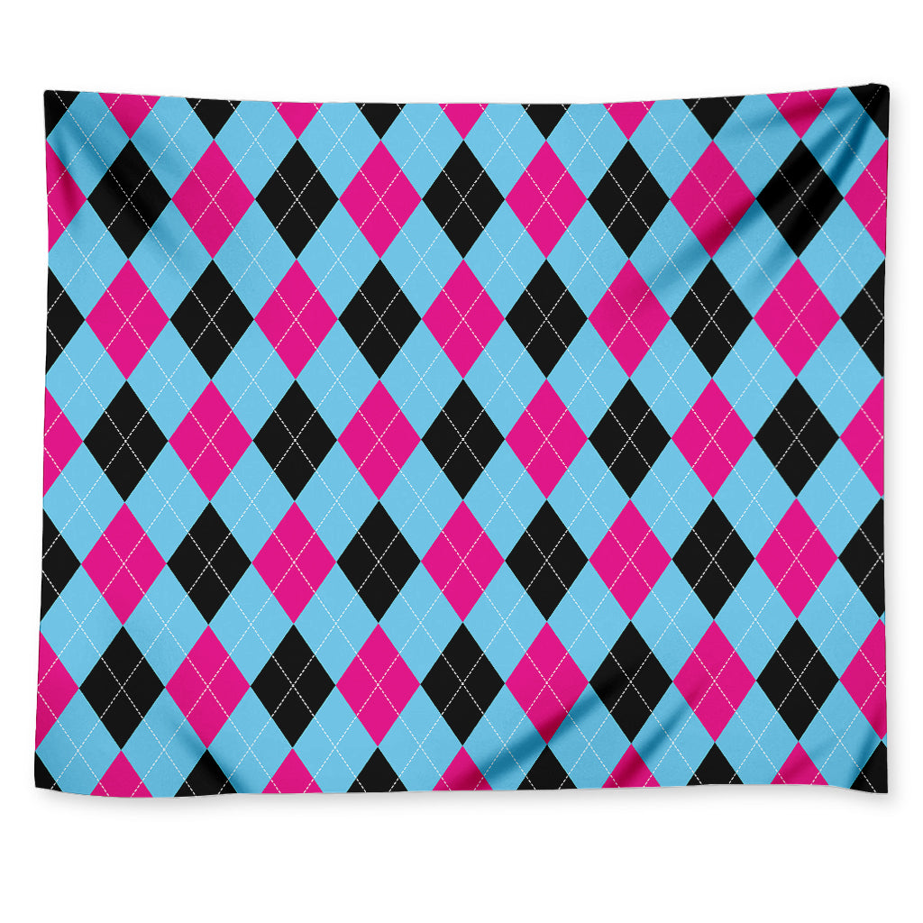 Blue Pink And Black Argyle Pattern Print Tapestry