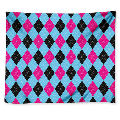 Blue Pink And Black Argyle Pattern Print Tapestry