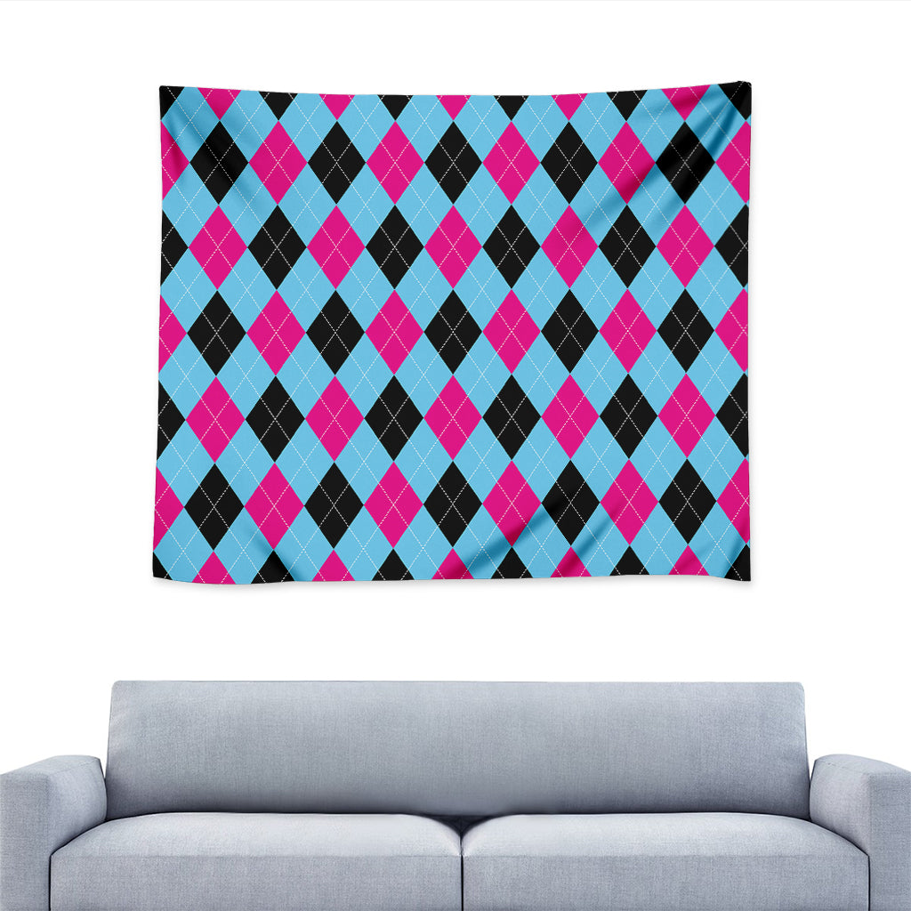 Blue Pink And Black Argyle Pattern Print Tapestry