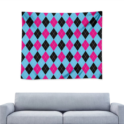 Blue Pink And Black Argyle Pattern Print Tapestry