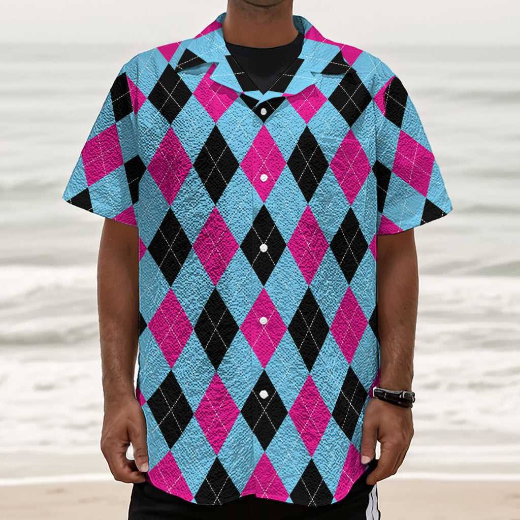 Blue Pink And Black Argyle Pattern Print Textured Short Sleeve Shirt