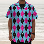 Blue Pink And Black Argyle Pattern Print Textured Short Sleeve Shirt