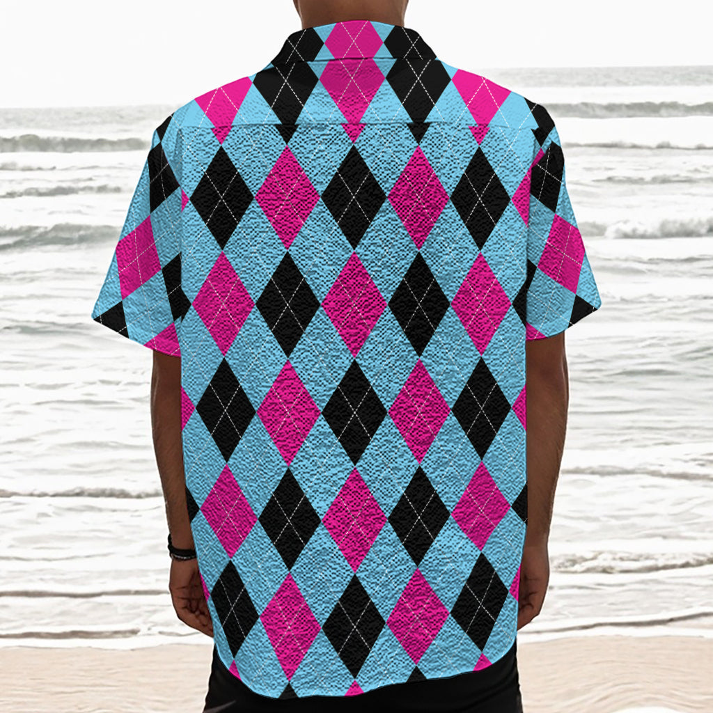 Blue Pink And Black Argyle Pattern Print Textured Short Sleeve Shirt