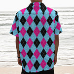 Blue Pink And Black Argyle Pattern Print Textured Short Sleeve Shirt