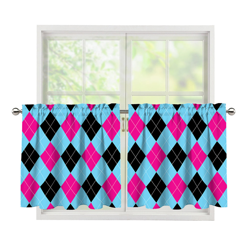 Blue Pink And Black Argyle Pattern Print Tier Curtains