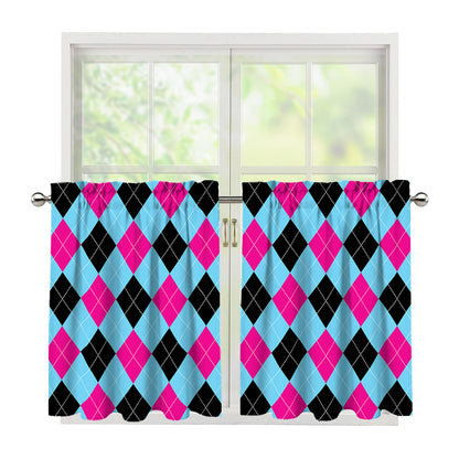 Blue Pink And Black Argyle Pattern Print Tier Curtains