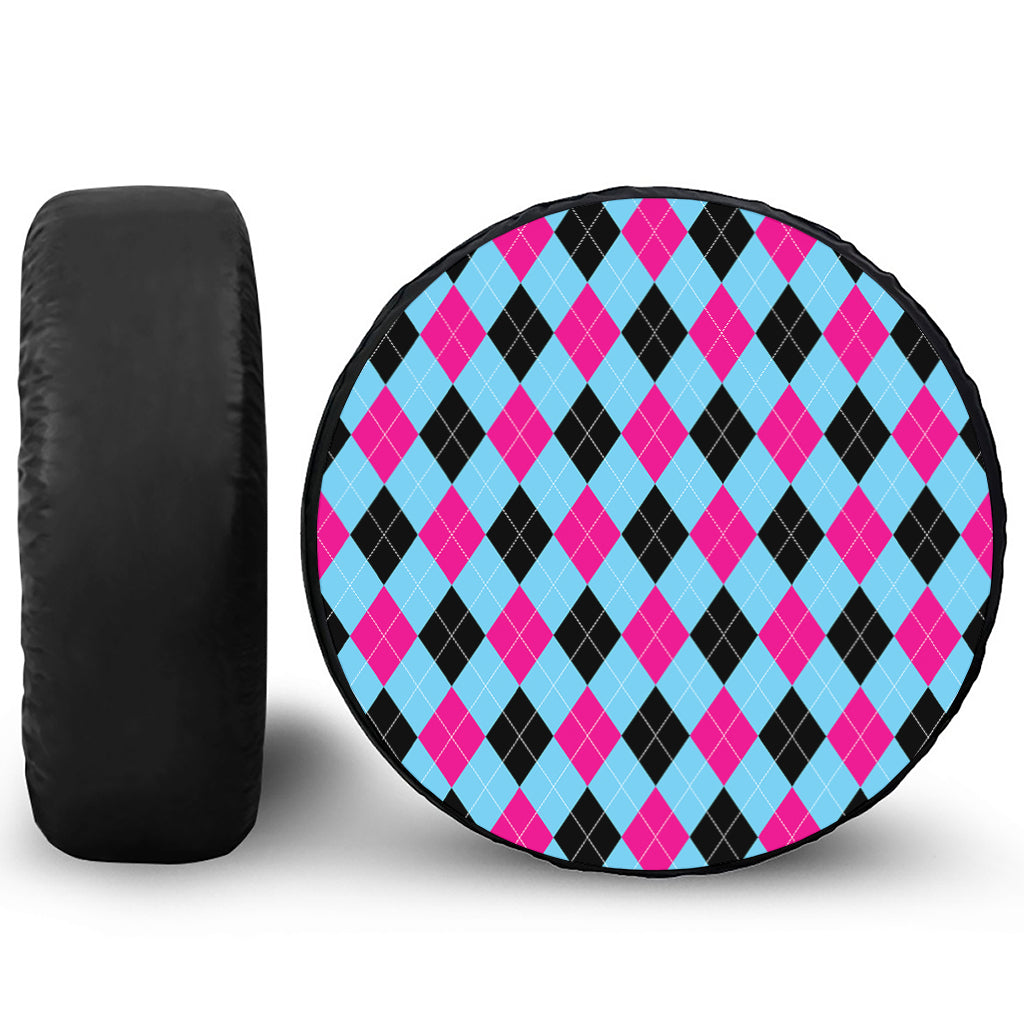 Blue Pink And Black Argyle Pattern Print Tire Cover