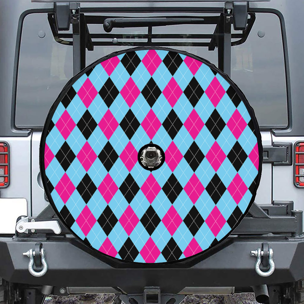 Blue Pink And Black Argyle Pattern Print Tire Cover With Camera Hole