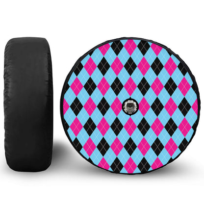 Blue Pink And Black Argyle Pattern Print Tire Cover With Camera Hole