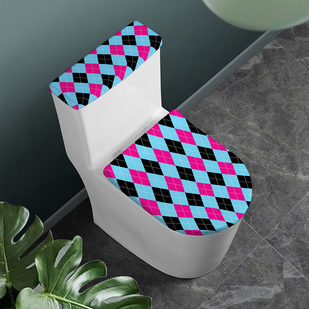 Blue Pink And Black Argyle Pattern Print Toilet Lid And Tank Cover Set