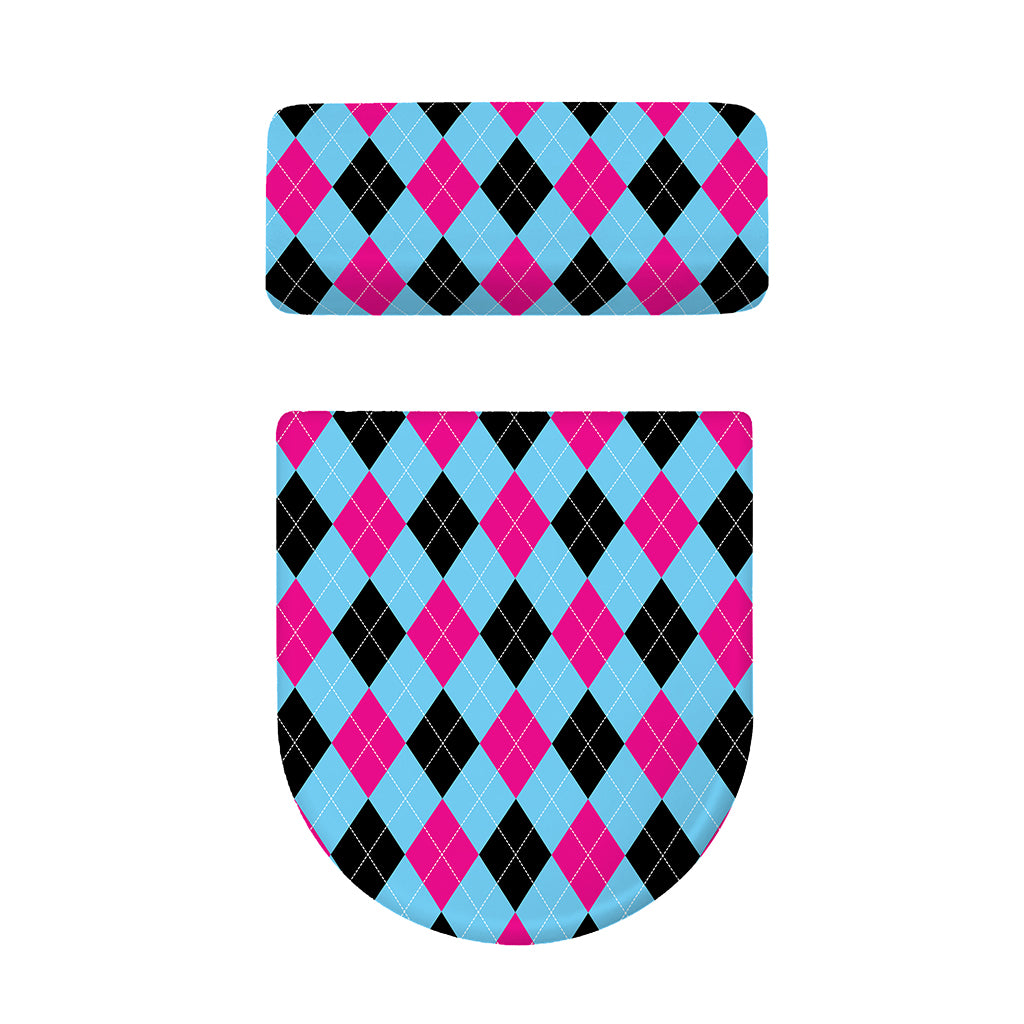 Blue Pink And Black Argyle Pattern Print Toilet Lid And Tank Cover Set