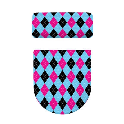 Blue Pink And Black Argyle Pattern Print Toilet Lid And Tank Cover Set