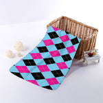 Blue Pink And Black Argyle Pattern Print Towel