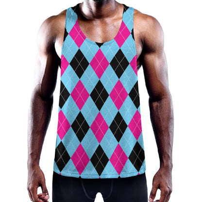 Blue Pink And Black Argyle Pattern Print Training Tank Top