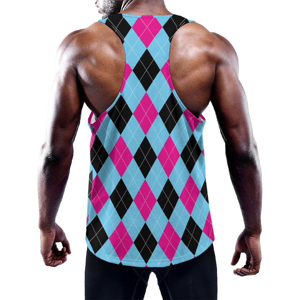 Blue Pink And Black Argyle Pattern Print Training Tank Top