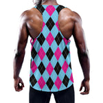 Blue Pink And Black Argyle Pattern Print Training Tank Top