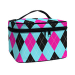 Blue Pink And Black Argyle Pattern Print Travel Makeup Bag