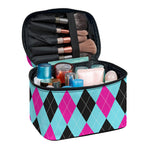 Blue Pink And Black Argyle Pattern Print Travel Makeup Bag