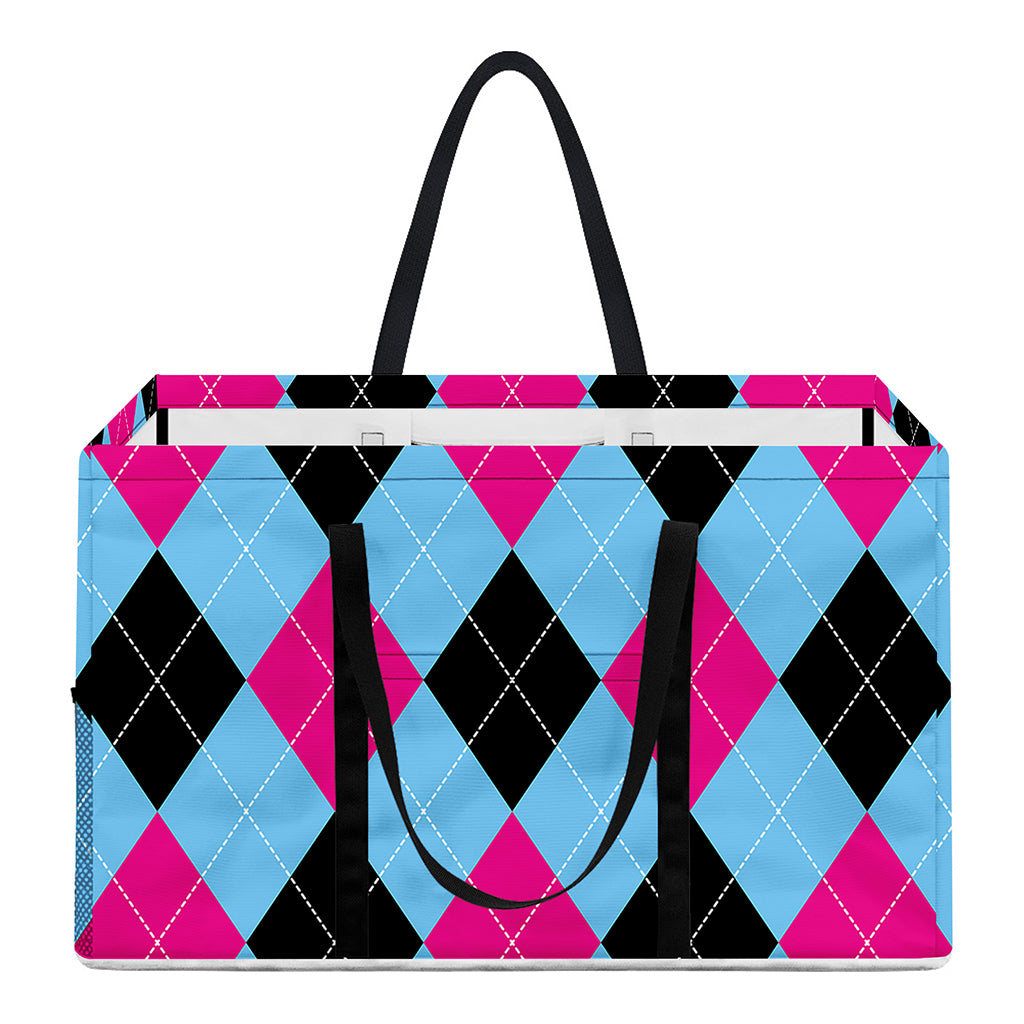 Blue Pink And Black Argyle Pattern Print Utility Tote Bag