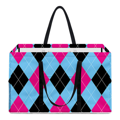 Blue Pink And Black Argyle Pattern Print Utility Tote Bag