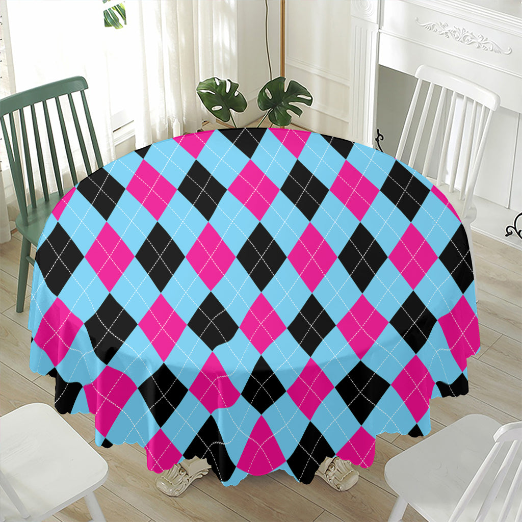 Blue Pink And Black Argyle Pattern Print Waterproof Round Tablecloth