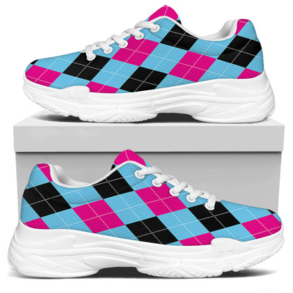 Blue Pink And Black Argyle Pattern Print White Chunky Shoes