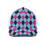 Blue Pink And Black Argyle Pattern Print White Mesh Trucker Cap