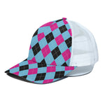 Blue Pink And Black Argyle Pattern Print White Mesh Trucker Cap