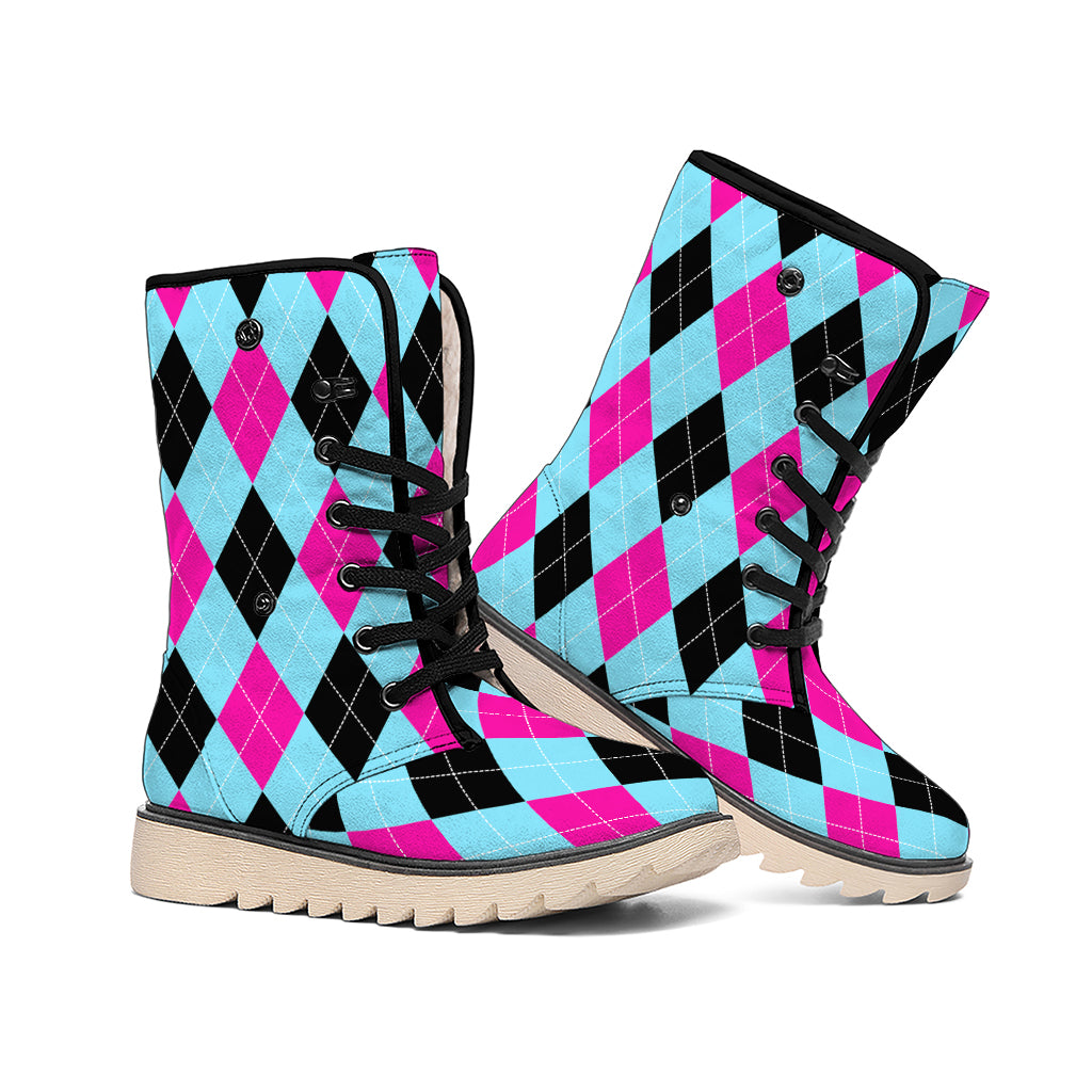 Blue Pink And Black Argyle Pattern Print Winter Boots