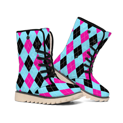 Blue Pink And Black Argyle Pattern Print Winter Boots