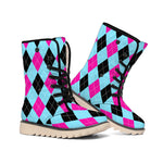Blue Pink And Black Argyle Pattern Print Winter Boots