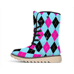 Blue Pink And Black Argyle Pattern Print Winter Boots
