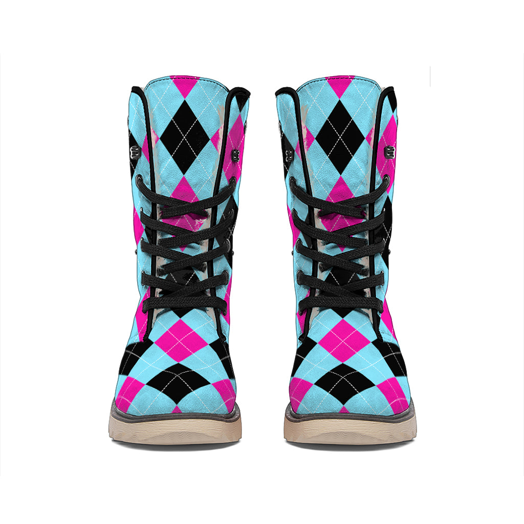 Blue Pink And Black Argyle Pattern Print Winter Boots