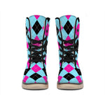 Blue Pink And Black Argyle Pattern Print Winter Boots