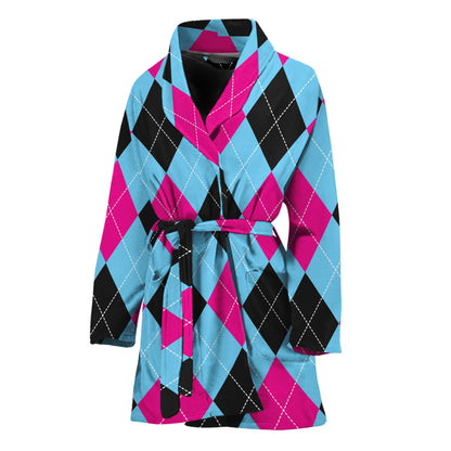 Blue Pink And Black Argyle Pattern Print Women's Bathrobe