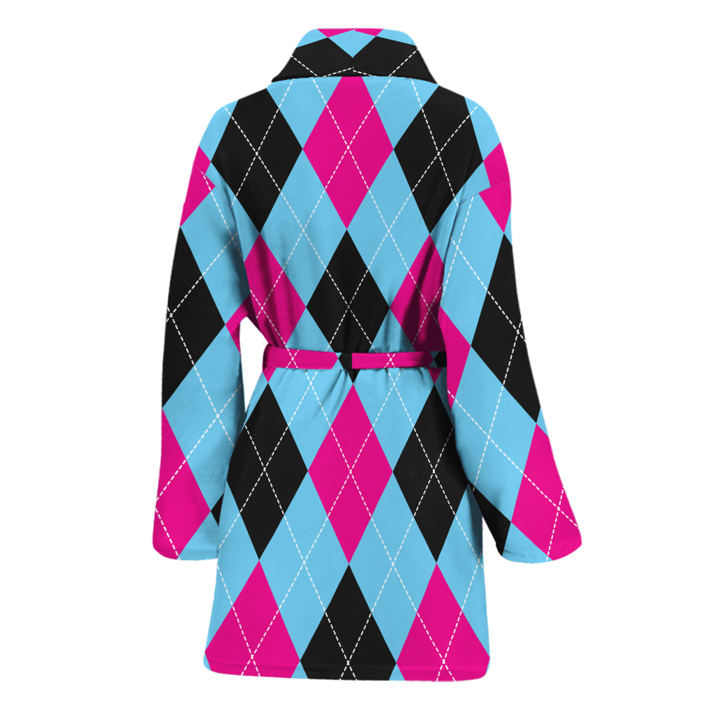 Blue Pink And Black Argyle Pattern Print Women's Bathrobe