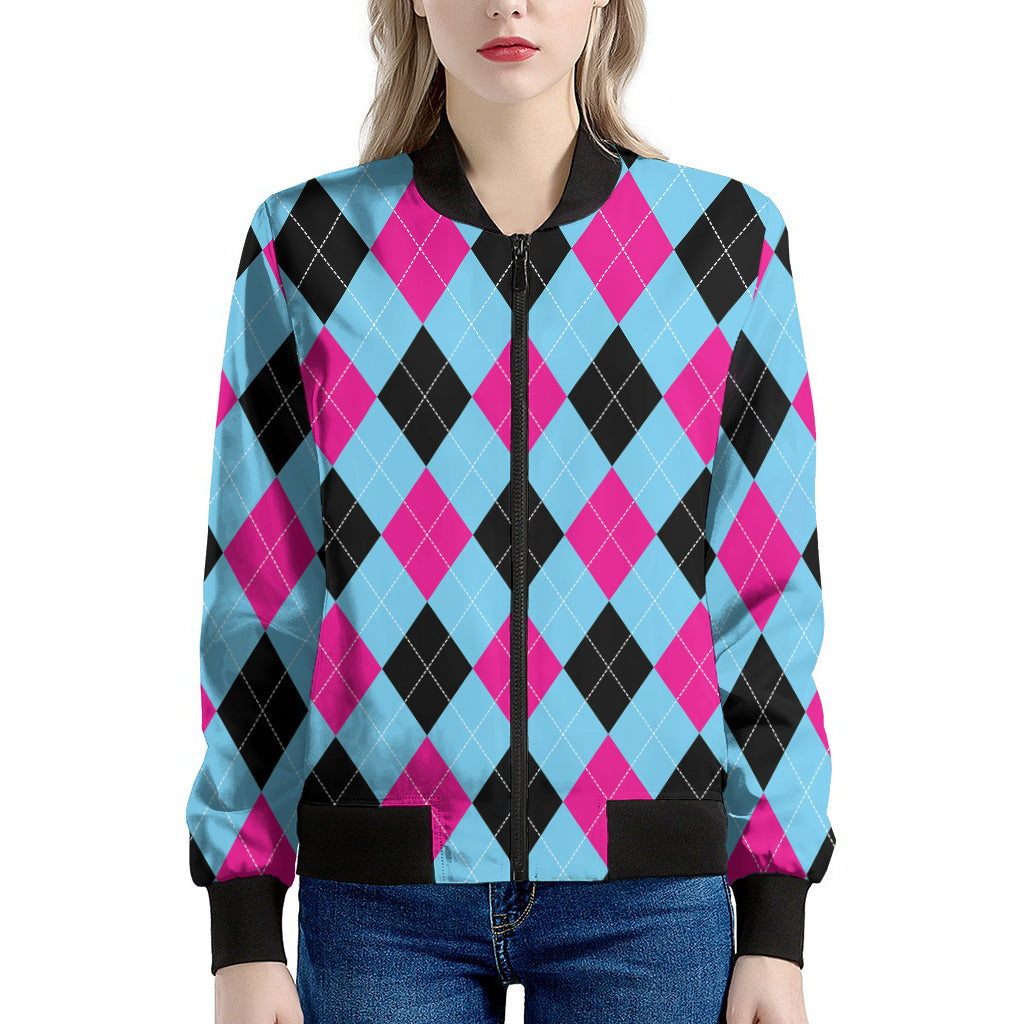 Blue Pink And Black Argyle Pattern Print Women's Bomber Jacket