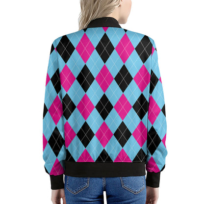 Blue Pink And Black Argyle Pattern Print Women's Bomber Jacket