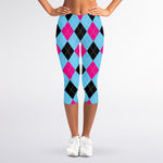 Blue Pink And Black Argyle Pattern Print Women's Capri Leggings