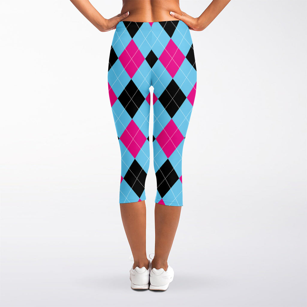 Blue Pink And Black Argyle Pattern Print Women's Capri Leggings